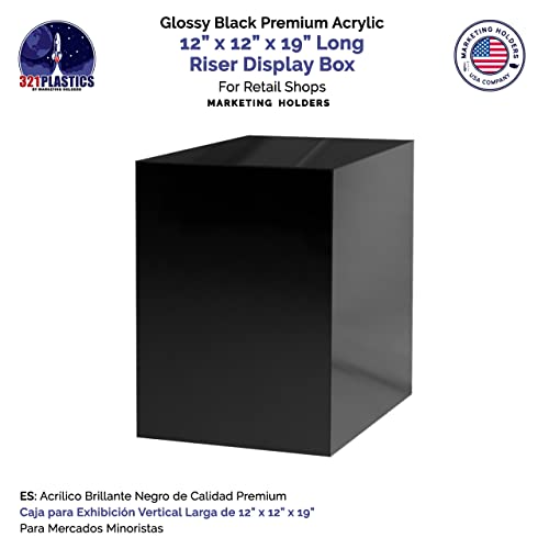 Acrylic Display Riser Box with One Open Side No Lid 12" x 12" x 19" Versatile Black Glossy Square Lucite Retail Product Platform or Merchandise Storage Bin No Assembly by Marketing Holders - size: 12" x 12" x 19" Cube-Glossy Black