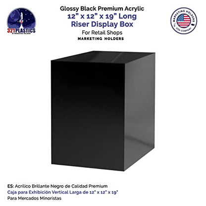 Acrylic Display Riser Box with One Open Side No Lid 12" x 12" x 19" Versatile Black Glossy Square Lucite Retail Product Platform or Merchandise Storage Bin No Assembly by Marketing Holders - size: 12" x 12" x 19" Cube-Glossy Black