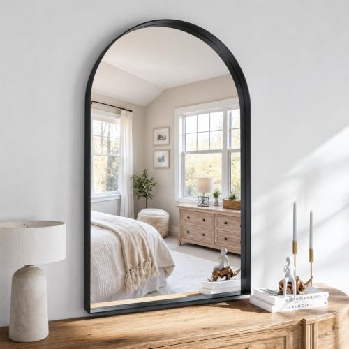 38"x26" Black Arched Mirror, Arched Wall Mirror with Metal Frame, Wall Mounted Large Arched Mirror for Living Room, Restroom, Entryway, Tempered Glass, Modern Home Decor - color: Black-square Corner, size: 38"L x 26"W