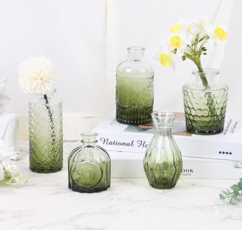 5pcs Green Glass Bud Vase Set, Small Flower Vases for Centerpieces in Bulk - color: Green, size: 5pcs