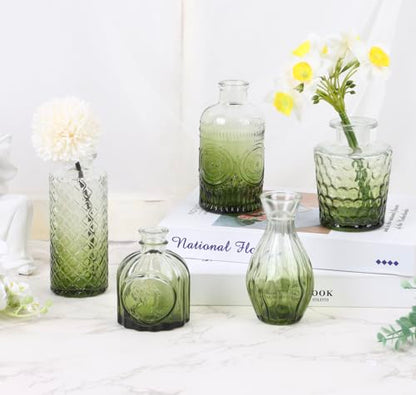 5pcs Green Glass Bud Vase Set, Small Flower Vases for Centerpieces in Bulk - color: Green, size: 5pcs
