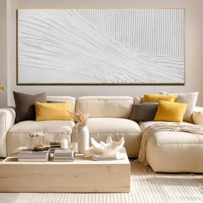 Large Framed Textured Wall Art, White Abstract Canvas 32x70 Inch - color: White, size: 70"L x 32"W