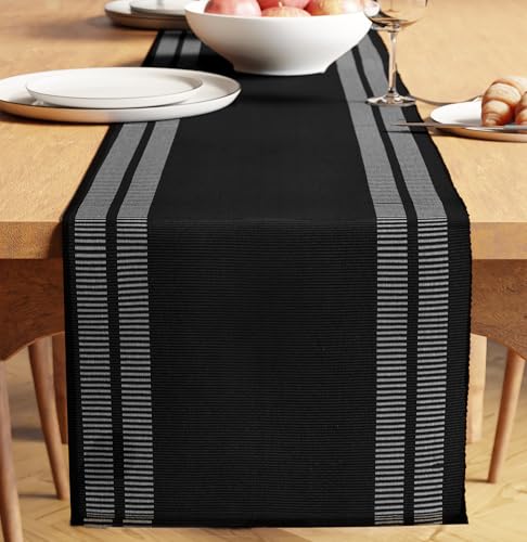 Encasa XO Table Runner, Yarn Dyed Ribbed Cotton 13"x94" - color: Ladder Black, size: 13x94 in