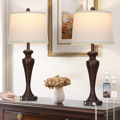 30" Brown Touch Table Lamps Set of 2, 3-Way Bedside Lamp with USB A+C Ports and AC Outlet, Tall Living Room Lamps for End Table, Modern Metal Bedroom Lamp for Night Stand - color: Brown-1