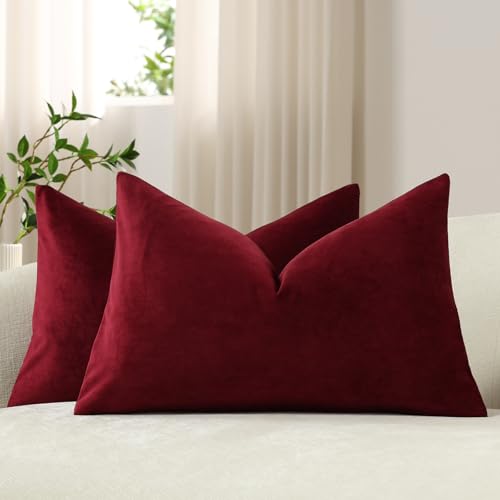 DEZENE Lumbar Pillow Covers 12x20 Wine Red: Pack of 2 Cozy Soft Velvet Rectangular Modern Luxury Decorative Throw Pillow Cases for Christmas Sofa Couch Living Room Bed Home Decor - color: Rhododendron, size: 20" x 12" (Pack of 2)