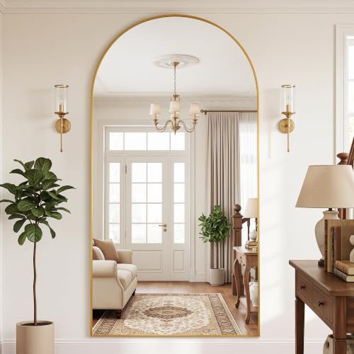 Antok 90" x 46" Arched Full Length Floor Mirror, Aluminum Frame, Gold - color: Gold, size: 90"L x 46"W