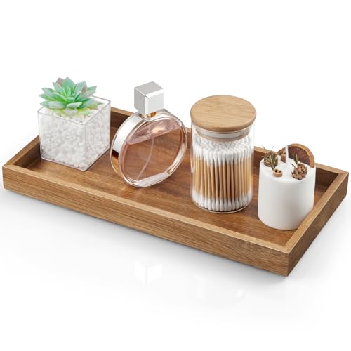 ALELION 13" Bathroom Vanity Tray for Counter - Acacia Wood Decorative Tray for Toilet Tank Makeup Perfume Jewelry Catchall Coffee Table - Wooden Kitchen Countertop Organizer for Soap Dispenser - color: Acacia, size: 13" x 6.5" x 1.2"