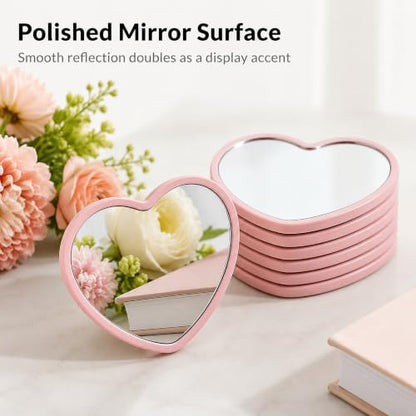 Heart Shaped Decorative Mirror for Desktop Display, Polished Tempered Glass with Plastic Frame, Portable Accent for Home and Party Decor, Pink, 6PCS