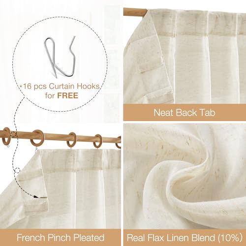 FMFUNCTEX Beige Linen Pinch Pleated Sheer Curtains, 108 Inches, 2 Panels - color: *Natural, size: 52"W x 108"L (Pack of 2)