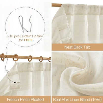 FMFUNCTEX Beige Linen Pinch Pleated Sheer Curtains, 108 Inches, 2 Panels - color: *Natural, size: 52"W x 108"L (Pack of 2)