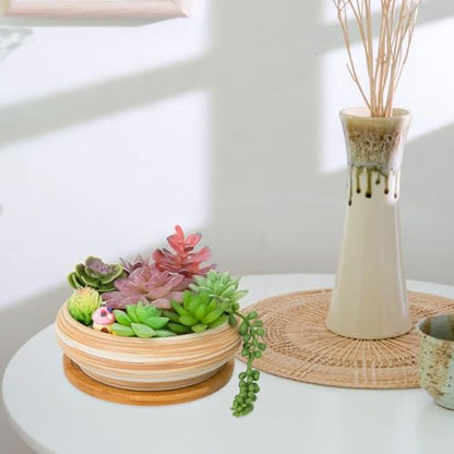 Succulent Pots, Ceramic Bonsai Pots with Tray, 7.3 Inch Large Plant Pots - color: Wooden Pattern