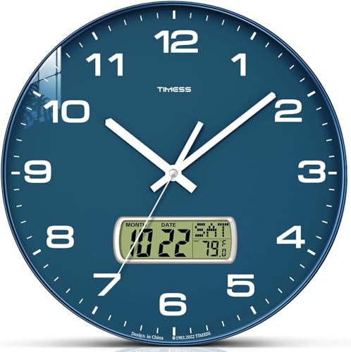 TIMESS Wall Clock, 13" Dial Non-Ticking Silent Battery Operated Analog with LCD Display for Perpetual Calendar and F° Temperature, Ideal Modern Home, Office Decor (Blue) - color: Blue, size: 13 Inch