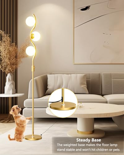 Lightdot 60IN Gold Floor Lamp Stepless Dimmable Globe Floor Lamps with 3Pcs 3000K Bulbs Included Eye-Friendly Mid Century Standing Lamps with 5Lbs Heavy Base for Living Room/Bedroom/Sofa Beside - color: 3 Globe-Gold S