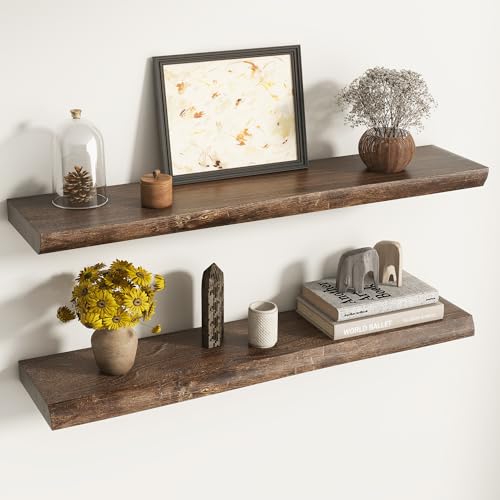 Solid Wood Floating Shelves 36 Inch, Live Edge, Heavy-Duty, Walnut, 2pcs - color: Walnut Finish - Live Edge, size: 36"W, 2Pack