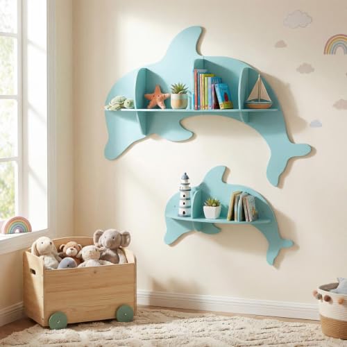 GLACER Floating Shelves for Wall, 2 Pack Kids Corner Bookshelf (Dolphin) - size: 38" x 6" x 27"