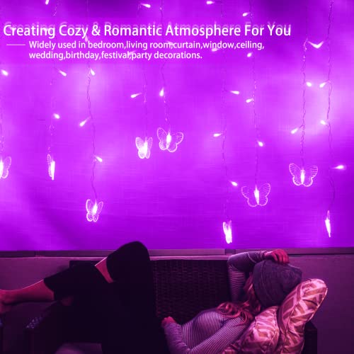 Purple Butterfly Curtain Fairy Lights USB Plug in,120 LED 8 Modes 20FT Firefly Twinkle Icicle String Lights with Remote Timer Waterproof for Halloween Bedroom Christmas Wedding Party Dorm - color: Purple