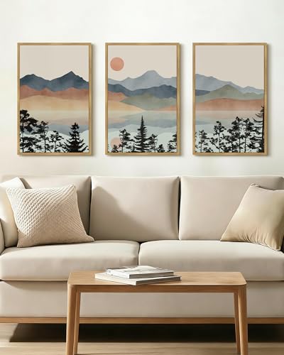 Drsoum Mountain Range Landscape Wall Art Framed Ink Wash Watercolor Nature Wall Decor Laker Sun Rises Prints Bedroom Living Room Ready to Hang 16x24in Natural Framed - color: Laker and Mountain, size: 24L" x 16W", Natural Framed