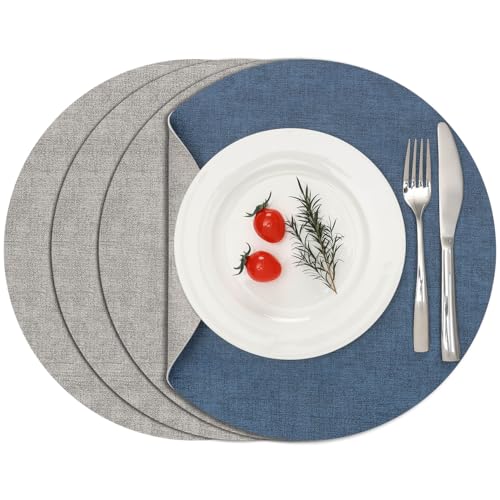 Myir JUN 14" Round Placemats Set of 4, Reversible Dual-Color Place Mats - color: Light Gray Navy Blue