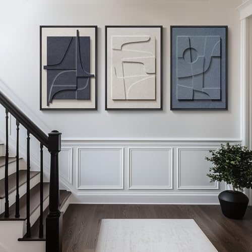 Large 3D Textured Framed Blue White Abstract Wall Art Set, 3 Piece 20x30 In - color: Blue and White, size: 20"w X 30"h X 3pcs