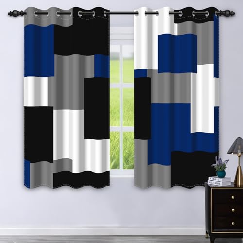 95% Blackout Curtains for Bedroom 63 Inch Long 2 Panels Set Royal Blue Grey Modern Abstract Geometric Black Out Curtains Insulated Room Darkening Window Drapes for Living Room, 52Wx63L - color: 01 Blue, size: 52"W x 63"L (Pack of 2)