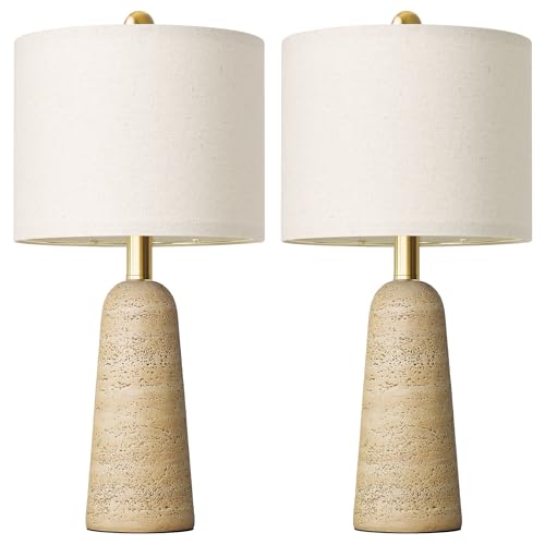 BOBOMOMO 21" Modern Table Lamps Set of 2, Warm Beige Resin Lamp with Stone Look, Small Bedside Lamps for Bedroom, Cozy Nursery Lamps with Linen Shades, Nightstand Lamp for Small Spaces, Entryway - color: Warm Beige, size: 21"