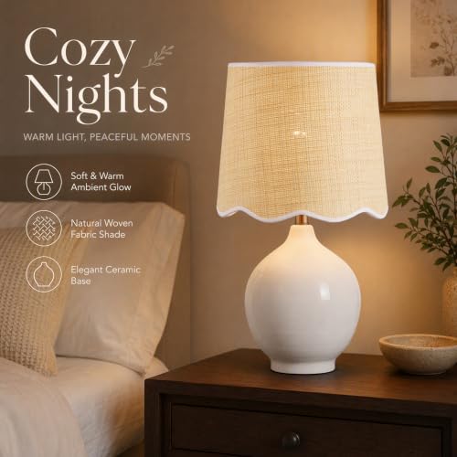 21"H Ceramic White Table Lamp with Beige Faux Rattan Drum Shade - color: Ceramic White