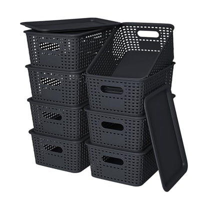 Ohmlove 8 Pack Plastic Storage Baskets with Lids for Organization - color: Black