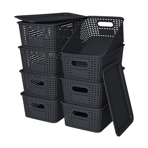Ohmlove 8 Pack Plastic Storage Baskets with Lids for Organization - color: Black