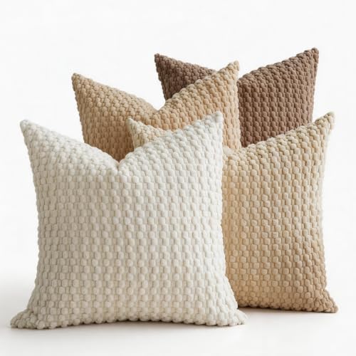 ZONYO Throw Pillow Covers 18x18 Set of 4, Soft Bubble Texture Corduroy Decorative Pillows, Fade Resistant Washable Neutral Beige Brown Cushion Covers for Couch Sofa Bed, Boho Farmhouse Decor - color: Caramel Brown