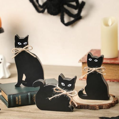 3 PCS Halloween Decorations Indoor, Black Cat Wooden Block Sign