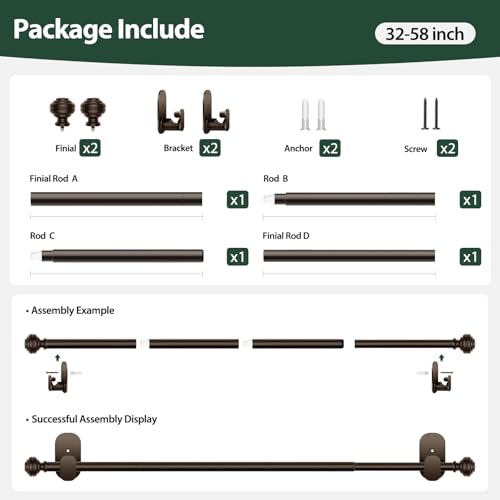 KAMANINA No Drill Curtain Rods 32-58" Adjustable, Renter Friendly, Bronze - color: Bronze, size: 32-58"