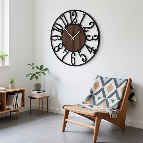 30" Silent Large Wall Clock – Adjustable Night Light, Battery Operated - color: Black Walnut - Arabic Numerals, size: 30 inch(76 cm)