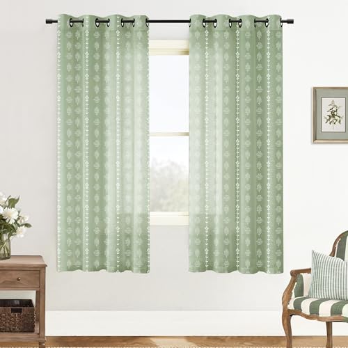Sage Green Floral Linen Sheer Curtains 72 Inches Long, Boho Gingham Plaid Look Pattern Grommet Drapes for Living Room Bedroom 2 Panels Set - color: Sage, size: 52"W x 72"L (Pack of 2)