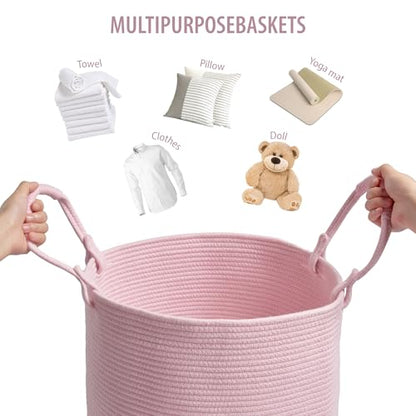 Laundry Hamper Basket, Woven Cotton Rope Blanket Basket, Nursery Storage - color: Light Pink, size: 15"D x 18"H