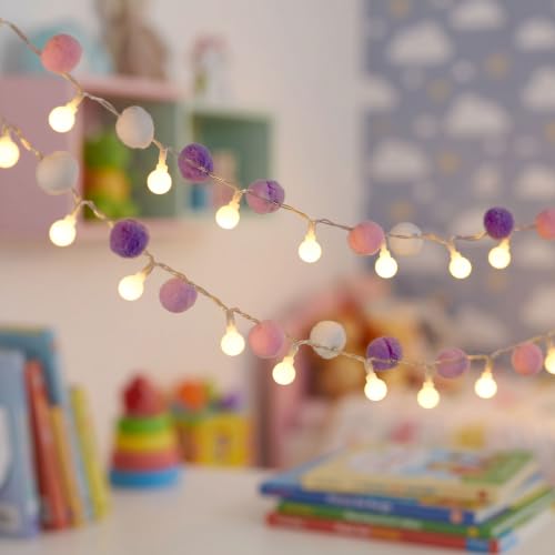 9.84FT Pom Poms Fairy Lights 30 LED Battery & USB Operated String Lights - color: Purple, size: 9.84 FT
