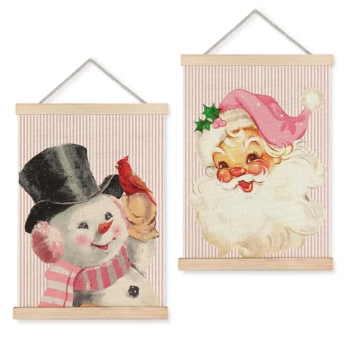 Pink Vintage Christmas Wall Decor - Snowman Santa Art With Wooden Poster Hanger, Retro Striped Decorations for Home Office, 16x24 Inch Set of 2 - color: Retro Christmas, size: 16x24