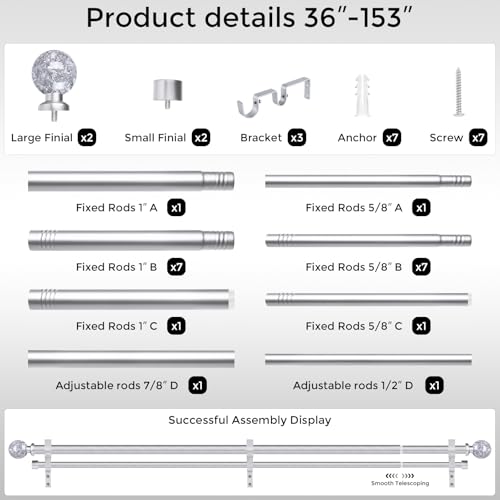 Double Curtain Rod 36-153 Inch, Adjustable Crystal Dual Rod Silver - color: Silver, size: 36"-153"