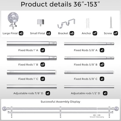 Double Curtain Rod 36-153 Inch, Adjustable Crystal Dual Rod Silver - color: Silver, size: 36"-153"