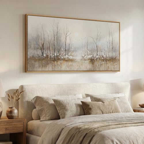Large Framed Neutral Abstract Landscape Wall Art for Living Room, 60x30 In - color: Beige Brown