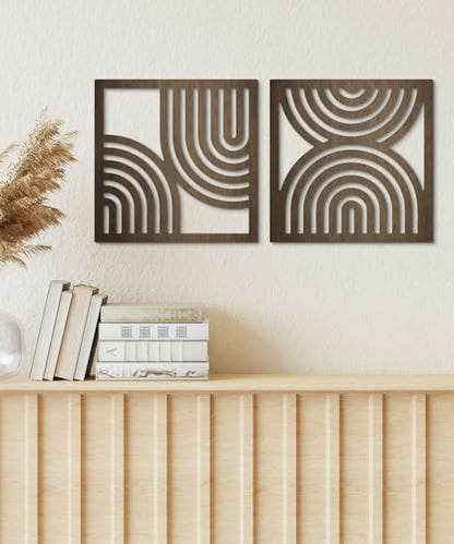 Putuo Decor Geometric Abstract Wall Art Set of 2, Modern Square Wooden Modern Arched Wall Decor for Living Room Bedroom Entryway, Minimalist Brown Wall Sculpture