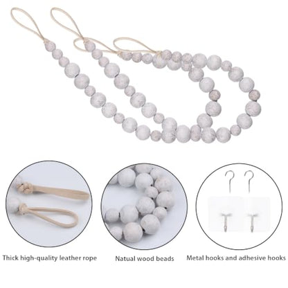 2 Pack Wood Bead Curtain Tieback, Boho Curtain Holdback,Whitewashed - color: White Washed