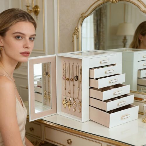 BOOVO Clear Lid Jewelry Box,Big 6 Layers Jewelry Organizer (White, 6 Layer) - color: White, size: 6 Layer