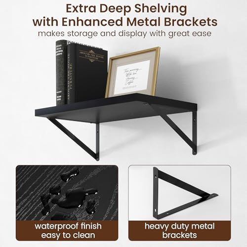 Axeman Deep Floating Shelves - 20 Inch Black Floating Shelves Set of 2-12 Inch Deep Wood Wall Shelves for Living Room Bathroom Kitchen - color: Black, size: 20W x 12D