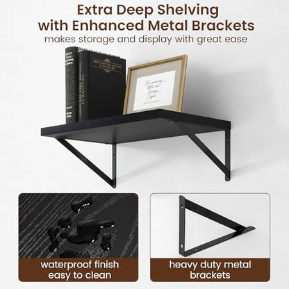 Axeman Deep Floating Shelves - 20 Inch Black Floating Shelves Set of 2-12 Inch Deep Wood Wall Shelves for Living Room Bathroom Kitchen - color: Black, size: 20W x 12D