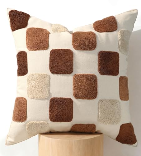 Fall Embroidered Throw Pillow Cover 18x18 Inch, Brown Checkered - color: Brown Checkered, size: 18" x 18" (Pack of 1)