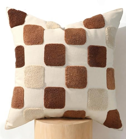 Fall Embroidered Throw Pillow Cover 18x18 Inch, Brown Checkered - color: Brown Checkered, size: 18" x 18" (Pack of 1)