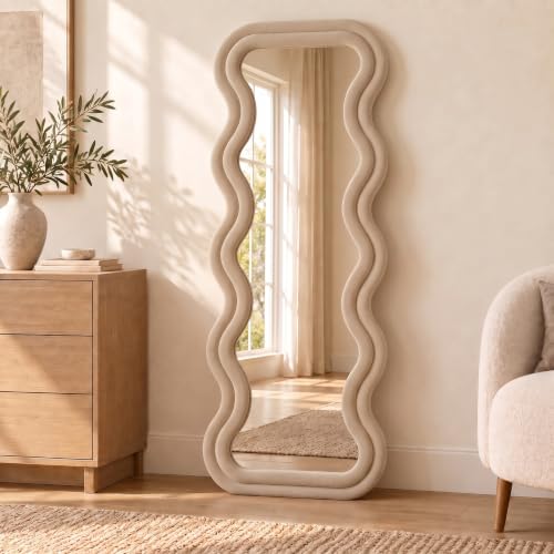 BOJOY Full Length Irregular Wavy Mirror 63"x24", Arched Floor Mirror Standing Hanging or Leaning Against Wall for Bedroom, Flannel Wrapped Wooden Frame -Light Coffee - color: Light Coffee