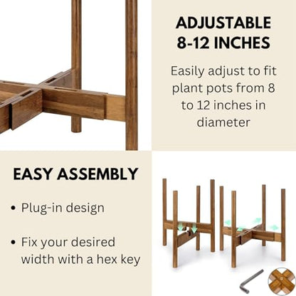 Fox & Fern Large Adjustable Plant Stand Indoor, Bamboo Stand, 8 - 12 Inch - color: Polished Bamboo, size: 8 - 12 Inch