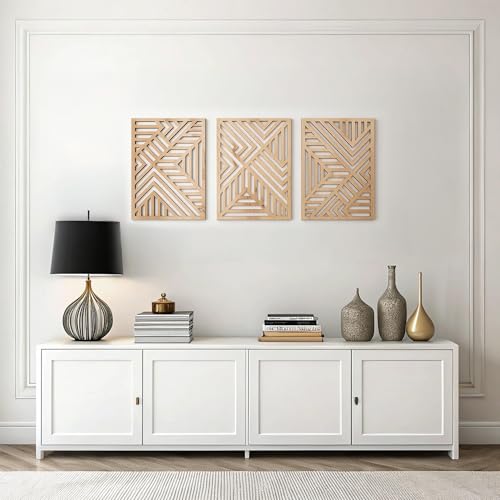 qmmp Modern Wooden Wall Sculptures - Set of 3 - Home Decor Accent - Large Wall Art for Living Room, Bedroom, Office - Easy Installation (Oak, Large - Direction) - color: Oak, size: Large - Geometric Shapes