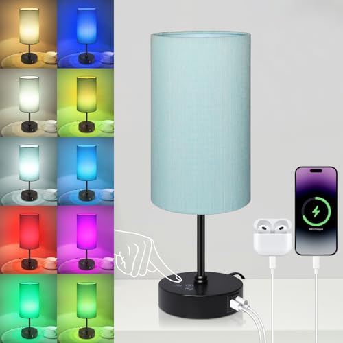 Unicozin Table Lamp for Bedroom, 3 Color Temperatures, 7 RGB Colors, Adjustable Brightness, Dual USB Charging Ports, Ambience Nightstand Light with Blue Shade, Desk Lamp for Kids Reading Home Office - color: Blue-Black, size: 14.5in